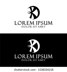 Initial letter K logo template with vintage crescent moon symbol in flat design monogram illustration
