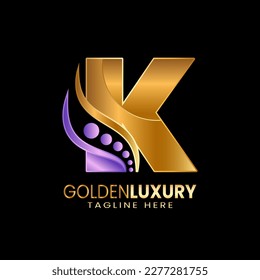 Plantilla de logotipo K de letra inicial. Alfabeto letras oro con estilo de lujo.