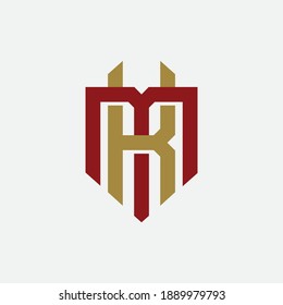 Initial letter K, M, KM or MK overlapping, interlock, monogram logo, red and gold color on white background