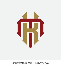 Letra inicial K, M, KM o MK superpuesta, enclavada, logotipo monograma, color rojo y dorado sobre fondo blanco