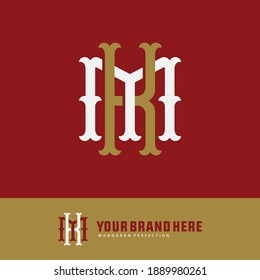 Initial letter K, M, KM or MK overlapping, interlock, monogram logo, white and gold color on red background