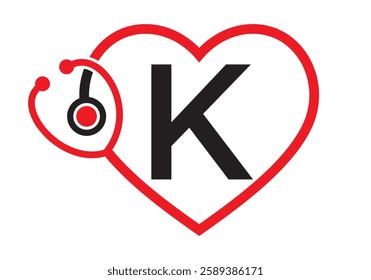 Initial Letter K Medical Logo Concept With Heart and Stethoscope Symbol For Healthcare and Medical Sign