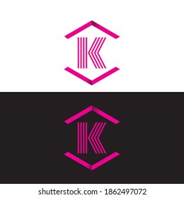 Initial letter K, minimalist line art monogram hexagon logo, pink color isolated on black and white.