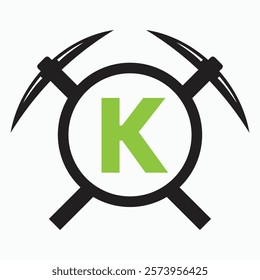 Initial Letter K Mining Logo Combine With Pickaxe Symbol Vector Template