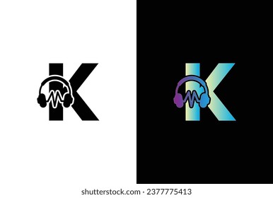 Initial Letter K Music Logo. Letter K Music Logo Headphone Symbol Logo Icon Vector Template.