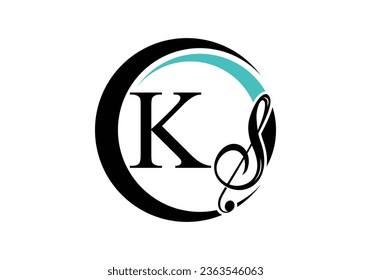 Initial Letter K with a musical note Logo. Musical sign symbol. Font emblem. Modern vector logo design template