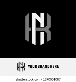 Initial letter K, N, KN or NK overlapping, interlock, monogram logo, white and gray color on black background