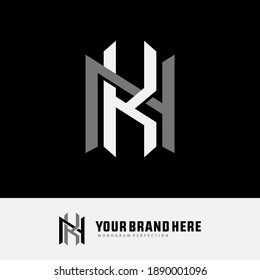 Initial letter K, N, KN or NK overlapping, interlock, monogram logo, white and gray color on black background