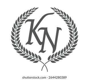 Letra inicial K e N, design do logotipo monograma KN com coroa de louro. Fonte de caligrafia de luxo.