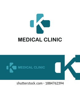 Initial letter K on medical cross icon for healthy, health care, and medicine logo design concept vector