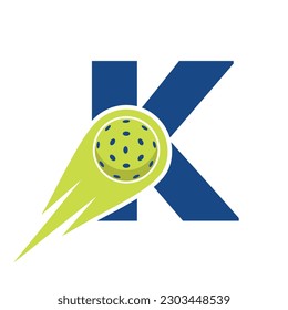 Initial Letter K Pickleball Logo Concept With Moving Pickleball Symbol. Pickle Ball Logotype Vector Template