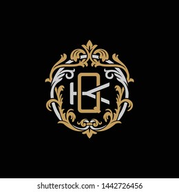 Initial letter K and Q, KQ, QK, decorative ornament emblem badge, overlapping monogram logo, elegant luxury silver gold color on black background