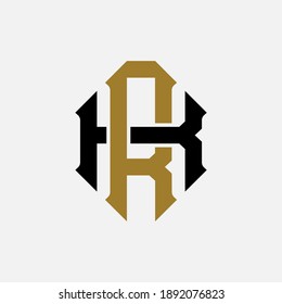 Initial letter K, R, KR or RK overlapping, interlock, monogram logo, black and gold color on white background