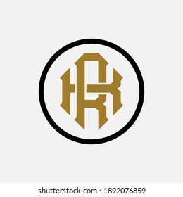 Initial letter K, R, KR or RK overlapping, interlock, monogram logo, black and gold color on white background