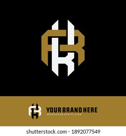 Initial letter K, R, KR or RK overlapping, interlock, monogram logo, white and gold color on black background