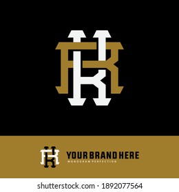 Initial letter K, R, KR or RK overlapping, interlock, monogram logo, white and gold color on black background