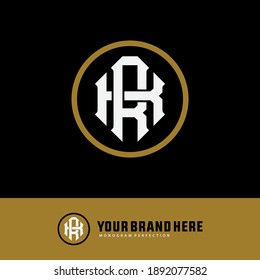 Initial letter K, R, KR or RK overlapping, interlock, monogram logo, white and gold color on black background