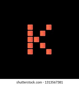 Initial Letter K with red metallic texture, trendy, 3d glossy, metal texture, rectangle shape, pixel style based alphabet logo for company identity, isolated on black background.