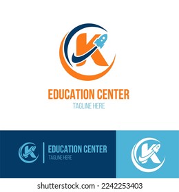 Initial Letter K with Rocket Spaceship icon for Success, Education Center, Fast Learning, Technology Business Logo Idea