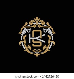 Initial letter K and S, KS, SK, decorative ornament emblem badge, overlapping monogram logo, elegant luxury silver gold color on black background