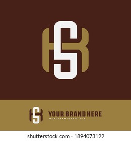 Initial letter K, S, KS or SK overlapping, interlock, monogram logo, white and gold color on brown background