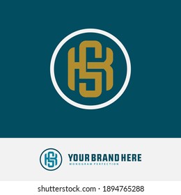 Anfangsbuchstaben K, S, KS oder SK, überlappend, Verriegelung, Monogramm-Logo, weiß und goldene Farbe auf grünem Hintergrund