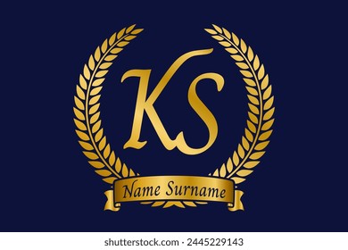Initial letter K and S, KS monogram logo design with laurel wreath. Luxury golden calligraphy font.