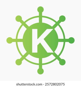 Initial Letter K Sailing Logo Design Vector Template Concept with Steering Ship Symbol