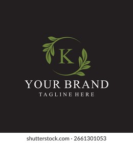 Initial letter K serif font logo design, green leaves nature graphic icon concept