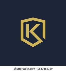 initial Letter K with Shield frame line art element. Shield Line geometry  for Security logo. Logo Icon Template for Web and Business Card, Letter Logo Template on Black Background. - vector