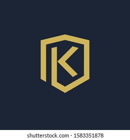initial Letter K with Shield frame line art element. Shield Line geometry  for Security logo. Logo Icon Template for Web and Business Card, Letter Logo Template on Black Background. - vector