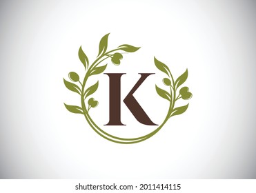 Initial letter K sign symbol with olive branch wreath. Round floral frame made by the olive branch. Agriculture industry logo design vector template. Olive oil label