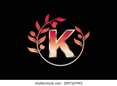 Initial letter K sign symbol with olive branch wreath, Round floral frame made by the olive branch
