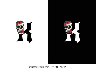 Initial Letter K Skull Logo Design. Minimal silhouette skull logo vector with letter K logo design illustration.