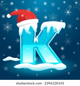 Letra inicial K con copo de nieve y elemento Santa hat, ilustración vectorial de plantilla de nevado. Alfabeto con plantilla vectorial de nieve.  Vector de texto invernal utilizable para Año Nuevo o Navidad.