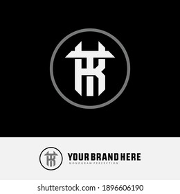 Initial letter K, T, KT or TK overlapping, interlock, monogram logo, white and gray color on black background
