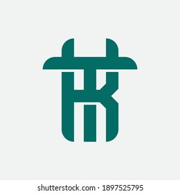 Initial letter K, T, KT or TK overlapping, interlock, monogram logo, green color on white background
