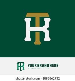 Initial letter K, T, KT or TK overlapping, interlock, monogram logo, white and gold color on green background