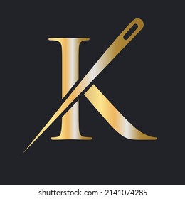 Initial Letter K Tailor Logo, Needle and Thread Combination for Embroider, Textile, Fashion, Cloth, Fabric, Golden Color Template