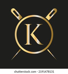 Initial Letter K Tailor Logo, Needle and Thread Combination for Embroider, Textile, Fashion, Cloth, Fabric Template