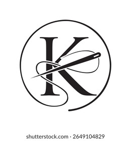 Letra inicial K logotipo alfaiate, agulha e logotipo de linha para vestuário, bordado, têxtil, moda, pano, sinal de tecido