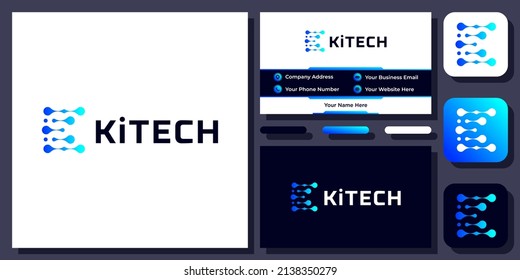 Initial Letter K Technology Digital Connection Dot Connect Vector Logo Design with Business Card