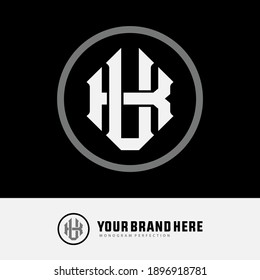 Initial letter K, U, KU or UK overlapping, interlock, monogram logo, white and gray color on black background