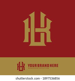 Anfangsbuchstaben K, U, KU oder UK, überlappend, Verriegelung, Monogramm-Logo, goldene Farbe auf rotem Hintergrund