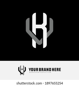 Initial letter K, V, KV or VK overlapping, interlock, monogram logo, white and gray color on black background