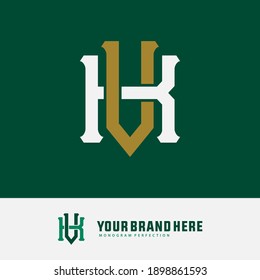 Initial letter K, V, KV or VK overlapping, interlock, monogram logo, white and gold color on green background