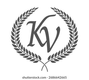 Letra inicial K y V, diseño del logotipo del monograma KV con corona de laurel. Fuente de caligrafía de lujo.
