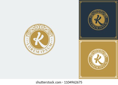 Initial Letter K Vector Logo design with Abstract mandala flower swirl icon vector design. Elegant premium ornament logotype symbol border frame