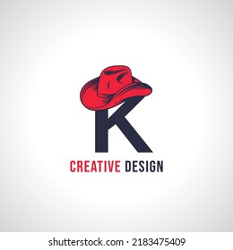 Initial Letter K Vector Logo Design with Red Cowboy Hat