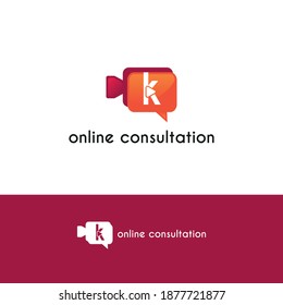 Anfangsbuchstabe k mit Videoanruf-Kamera-Chatting-Symbol für Online-Meetings, Consulting-Logo-Konzept